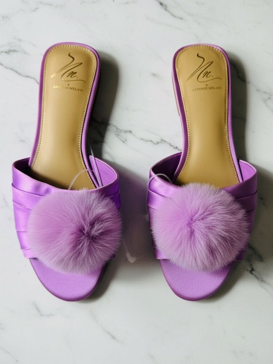 ANTONIO MELANI Shoes - ANTONIO MELANI Lilac Pom-Pom Satin Slide Mules